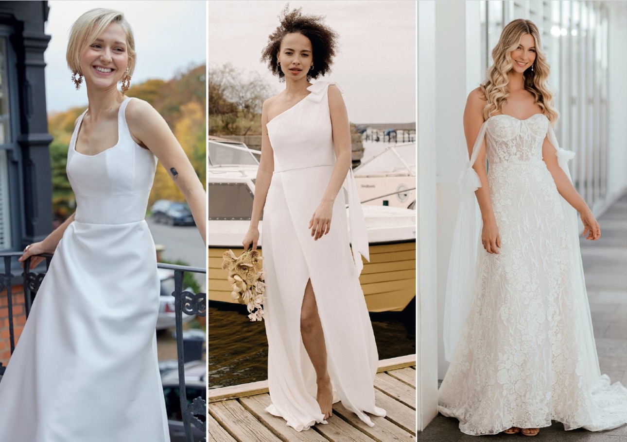 collage of three image women in wedding dresses